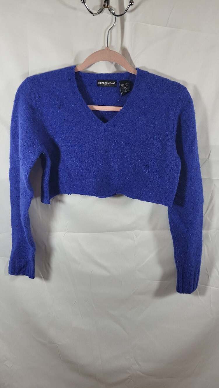 Vintage Express Jeans Blue Cropped V-Neck Lambswool Blend Fuzzy Knit Sweater Sma
